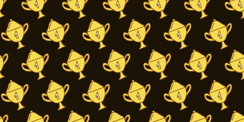 Seamless Pattern of Golden trophy Cups with Number One on Black Background. C Illustrazione stock