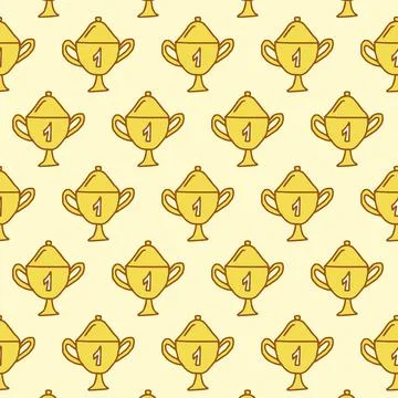 Seamless Pattern of Golden trophy Cups with Number One on Yellow Background.  Stock Illustration