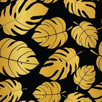 Seamless pattern of golden tropical monstera leaves Stock Illustration
