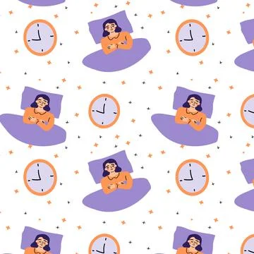 Seamless pattern good night with sleeping woman and clock Stock Illustration