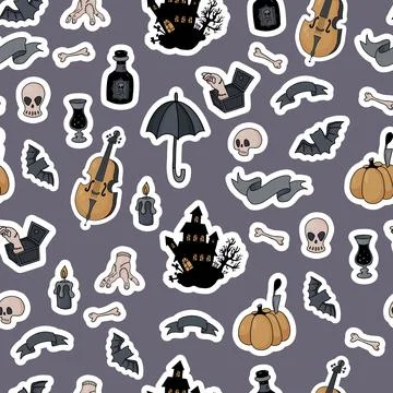 Seamless pattern gothic Halloween. Spooky house, bats, rum, cello, hand thing Stock Illustration