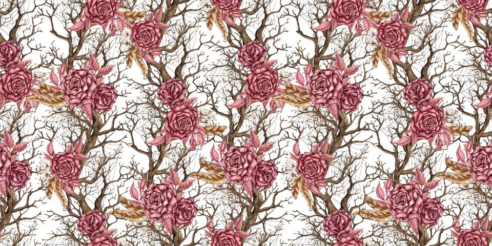 Seamless pattern gothic roses branches feathers spiderweb Stock Illustration