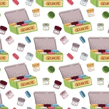 Seamless Pattern with Gouache Jars and Paint Box. Artist Supplies Design for 库存插图