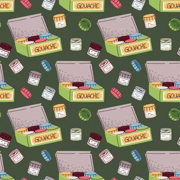 Seamless Pattern with Gouache Jars and Paint Box. Artist Supplies Design for Stock Illustration