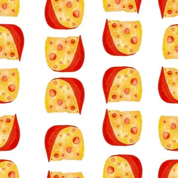 Seamless pattern of Gouda cheese, hand drawn watercolor isolated on white Stock Illustration