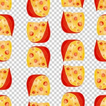Seamless pattern of Gouda cheese, hand drawn watercolor isolated on white Stock Illustration