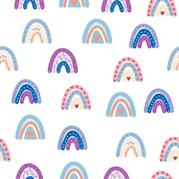 Seamless pattern graceful rainbows in boho colors. Scandinavian baby hand s.. 스톡 일러스트