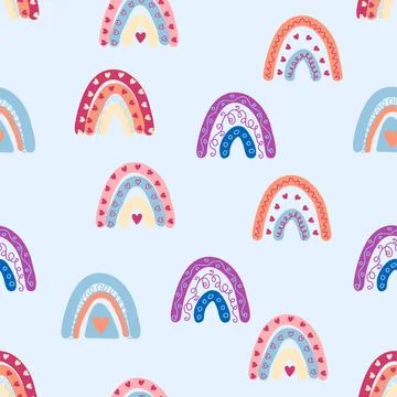 Seamless pattern graceful rainbows in boho colors. Scandinavian baby hand sty Stock Illustration