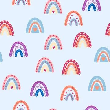 Seamless pattern graceful rainbows in boho colors. Scandinavian baby hand sty Stock Illustration