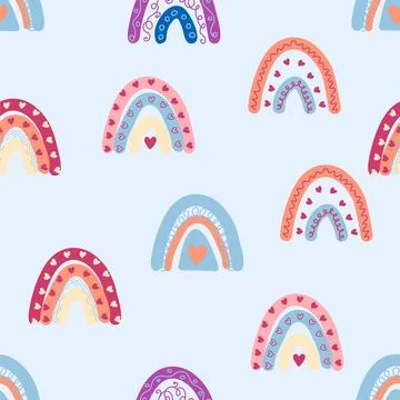 Seamless pattern graceful rainbows in boho colors. Scandinavian baby hand s.. Stock Illustration