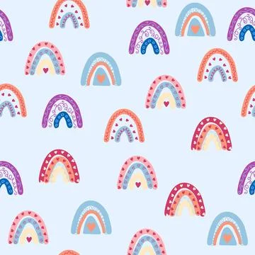 Seamless pattern graceful rainbows in boho colors. Scandinavian baby hand s.. Illustrazione stock
