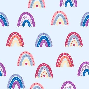 Seamless pattern graceful rainbows in boho colors. Scandinavian baby hand sty Stock Illustration