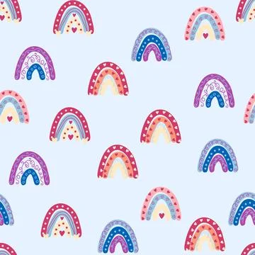 Seamless pattern graceful rainbows in boho colors. Scandinavian baby hand sty Stock Illustration