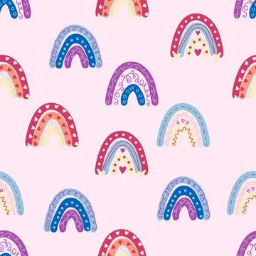 Seamless pattern graceful rainbows in boho colors. Scandinavian baby hand sty Stock Illustration