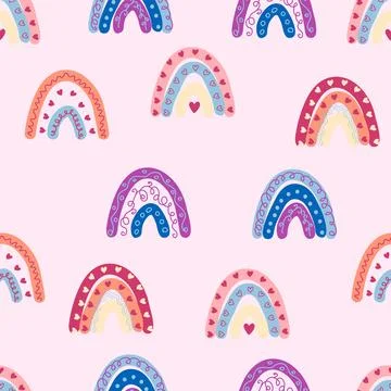 Seamless pattern graceful rainbows in boho colors. Scandinavian baby hand sty Stock Illustration