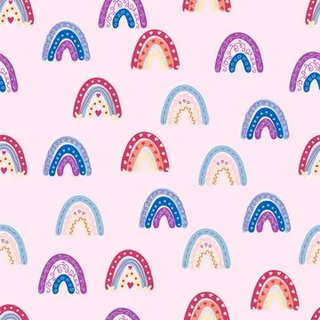 Seamless pattern graceful rainbows in boho colors. Scandinavian baby hand s.. イラスト素材