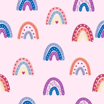 Seamless pattern graceful rainbows in boho colors. Scandinavian baby hand s.. Stock Illustration