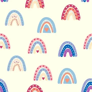 Seamless pattern graceful rainbows in boho colors. Scandinavian baby hand s.. Stock Illustration