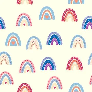 Seamless pattern graceful rainbows in boho colors. Scandinavian baby hand sty Stock Illustration
