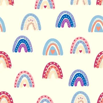 Seamless pattern graceful rainbows in boho colors. Scandinavian baby hand sty Stock Illustration