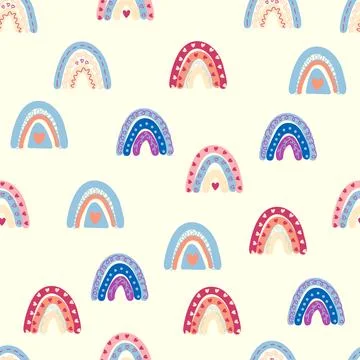 Seamless pattern graceful rainbows in boho colors. Scandinavian baby hand sty Stock Illustration