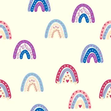 Seamless pattern graceful rainbows in boho colors. Scandinavian baby hand sty Stock Illustration