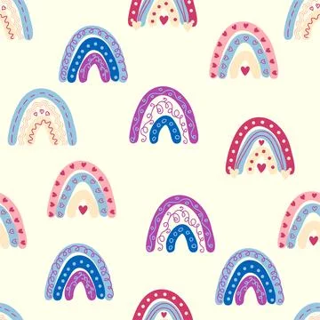 Seamless pattern graceful rainbows in boho colors. Scandinavian baby hand sty イラスト素材