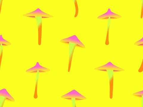 Seamless pattern with gradient mushrooms on a yellow background. Green pink.. Stock Illustration