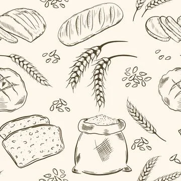 Seamless pattern with grains, bread and ears of wheat, vector. Illustrazione stock