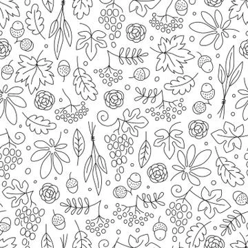 Seamless pattern with grapes, acorns, leaves and flowers. Beautiful background Stock Illustration