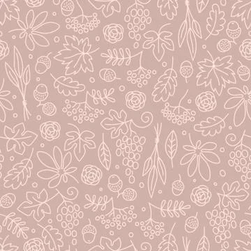 Seamless pattern with grapes, acorns, leaves and flowers. Beautiful background Stock Illustration