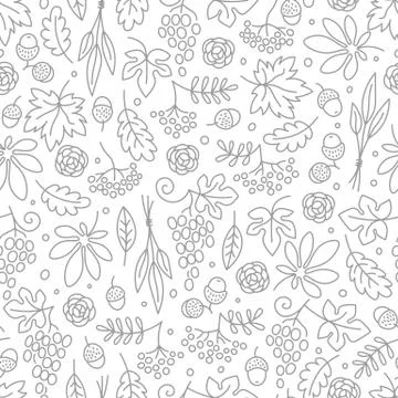 Seamless pattern with grapes, acorns, leaves and flowers. Beautiful background Stock Illustration