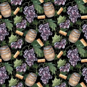 Seamless pattern with grapes, green leaves, grape vines, barrel, red , wine Stock Illustration