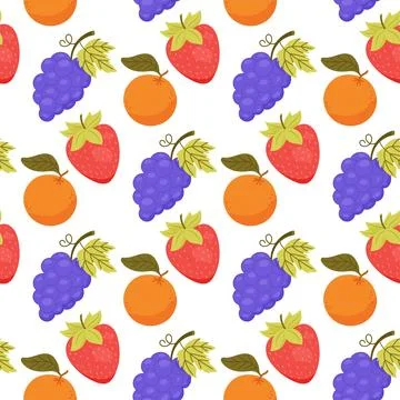 Seamless pattern with grapes strawberries and oranges on white background Stock Illustration