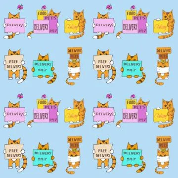 Seamless pattern of graphic color drawings of ginger red striped cats on a li Illustrazione stock