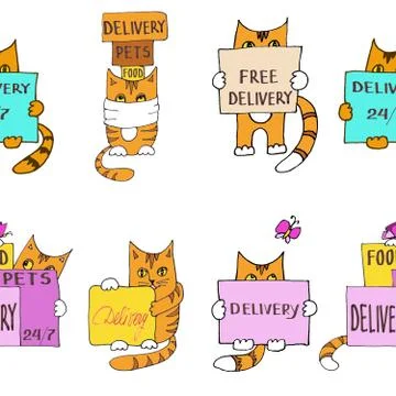Seamless pattern of graphic color drawings of ginger red striped cats on a wh Illustrazione stock