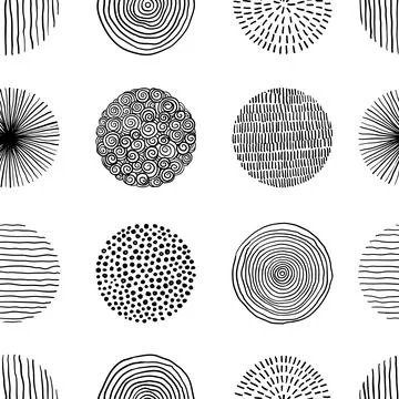 Seamless pattern of graphic doodle black and white circles. Hand Drawn Scri.. Stock Illustration