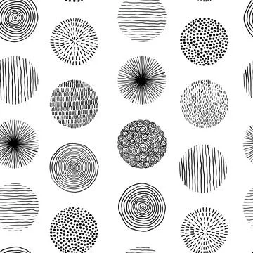 Seamless pattern of graphic doodle black and white circles. Hand Drawn Scri.. Stock Illustration