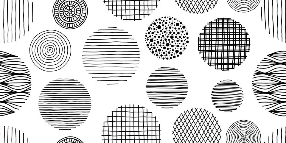 Seamless pattern of graphic doodle black and white circles. Hand Drawn Scri.. Stock Illustration