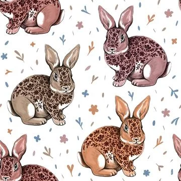 Seamless pattern from graphic hand drawn rabbit. Stylized flowers and leaves  Stock Illustration