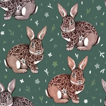 Seamless pattern from graphic hand drawn rabbit. Stylized flowers and leaves  Stock Illustration