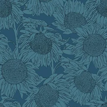 Seamless pattern with graphic hand-drawn sunflowers. Vector blue modern outli Illustrazione stock