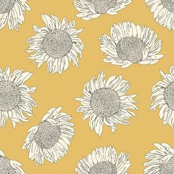 Seamless pattern with graphic hand-drawn sunflowers. Vector yellow modern out Illustrazione stock