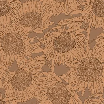 Seamless pattern with graphic hand-drawn sunflowers. Vector modern outline il Illustrazione stock