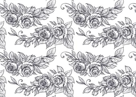 Seamless pattern with graphic rose flowers, vector floral endless background Illustrazione stock