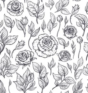 Seamless pattern with graphic rose flowers, vector floral endless background Stock Illustration