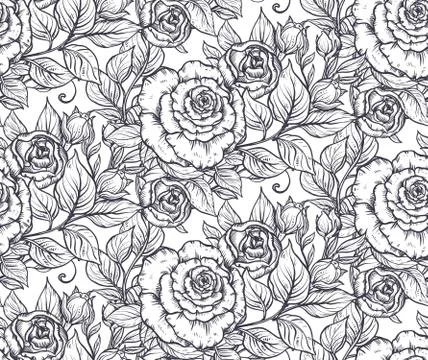 Seamless pattern with graphic rose flowers, vector floral endless background Illustrazione stock