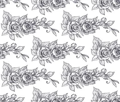 Seamless pattern with graphic rose flowers, vector floral endless background Illustrazione stock