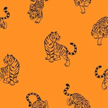 Seamless pattern with graphic tigers. Black and orange predatory wild cats Stock Illustration