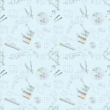 Seamless pattern of graphic tools charts graphs on paper blue background Stock Illustration
